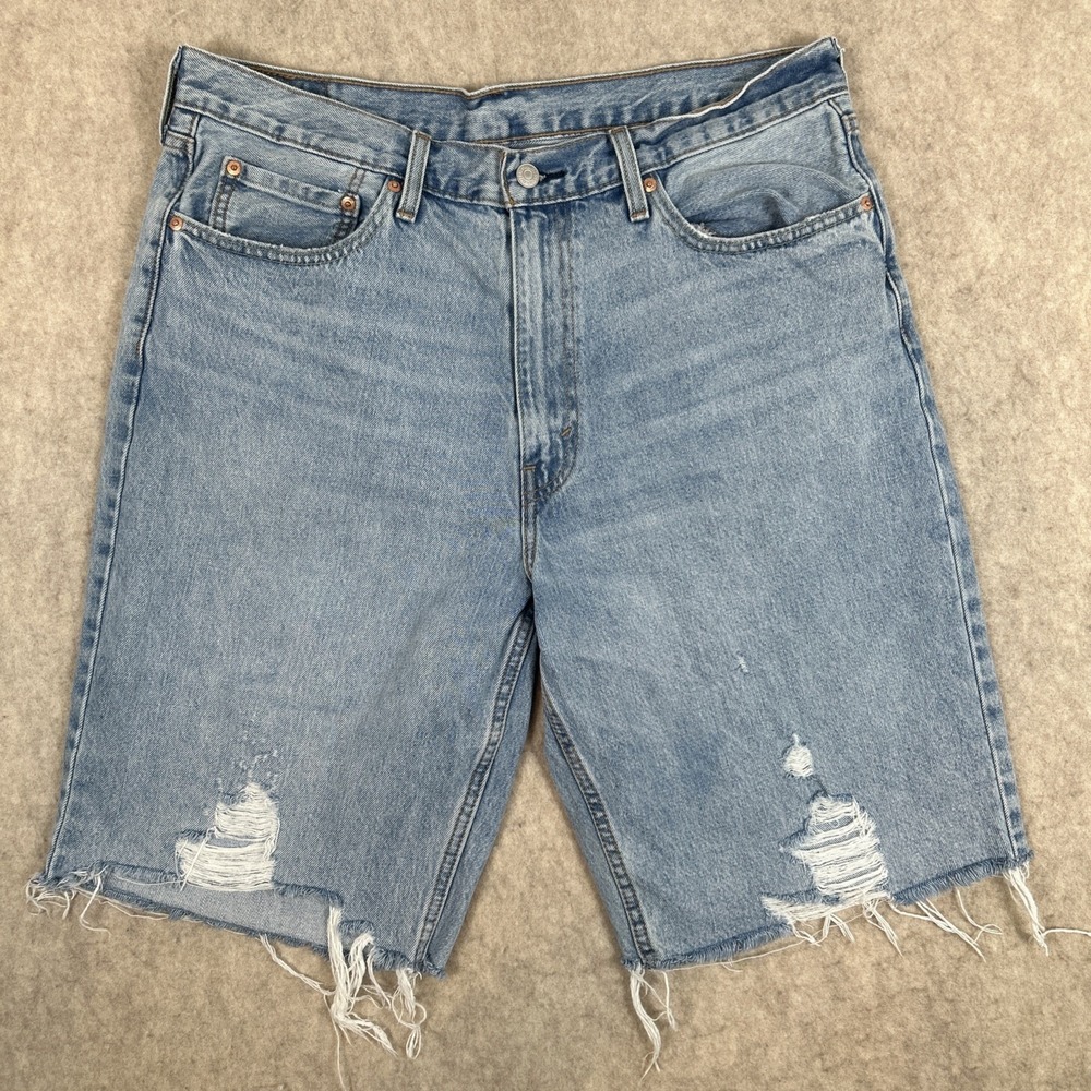 Levis‎ 469 Shorts Mens 36 Blue Denim Jean Cutoff WaterLess Frayed Raw Cut